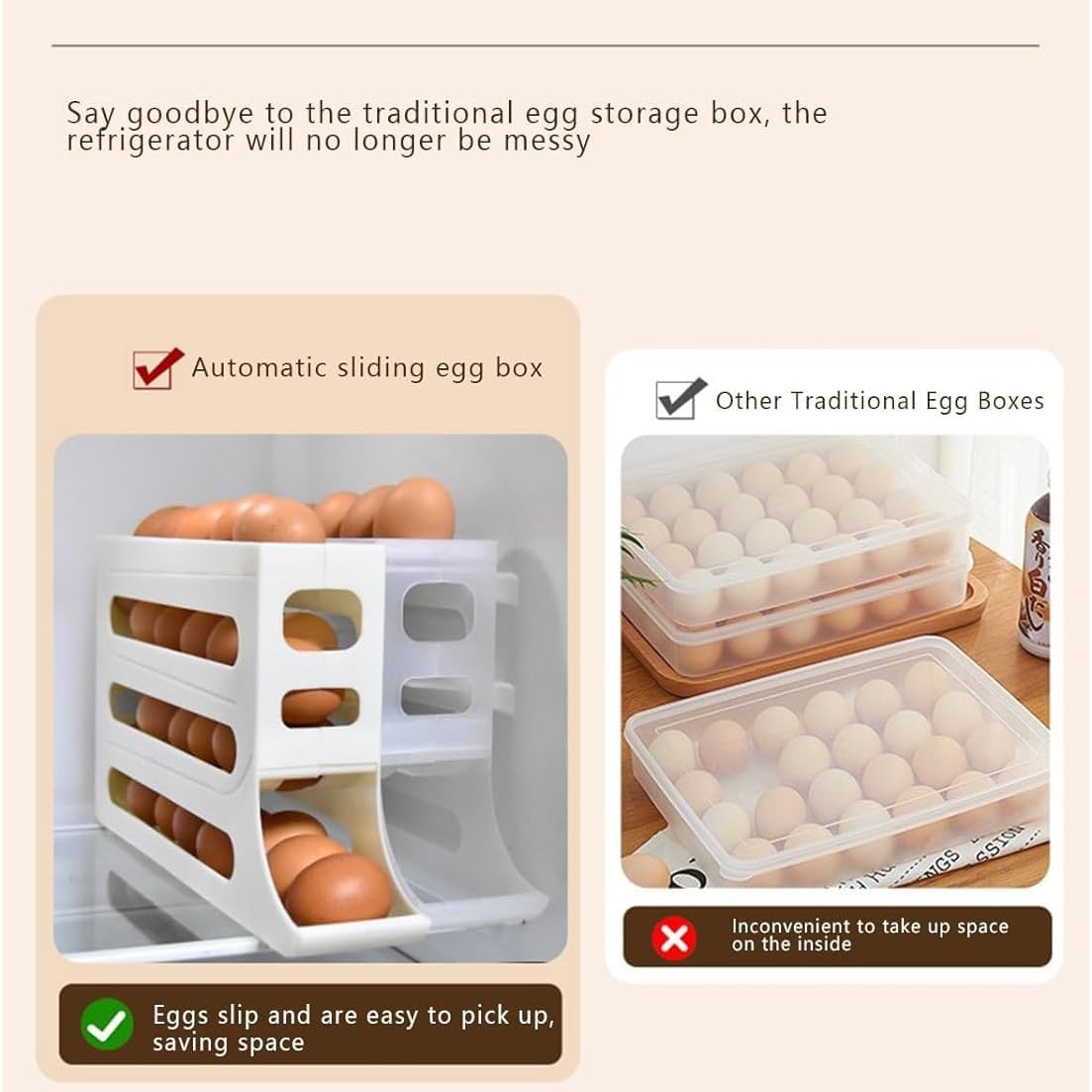 Automatic Rolling Refrigerator Egg Organiser, Space Saving 4 Tier Large Capacity Egg Holder