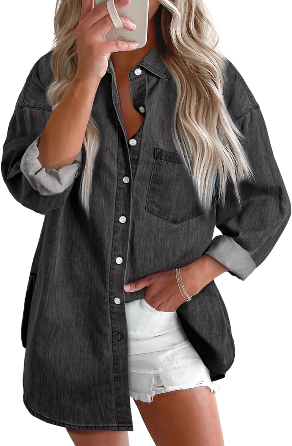 Astylish Chemise en jean boutonnée à manches longues et col en V pour femme 