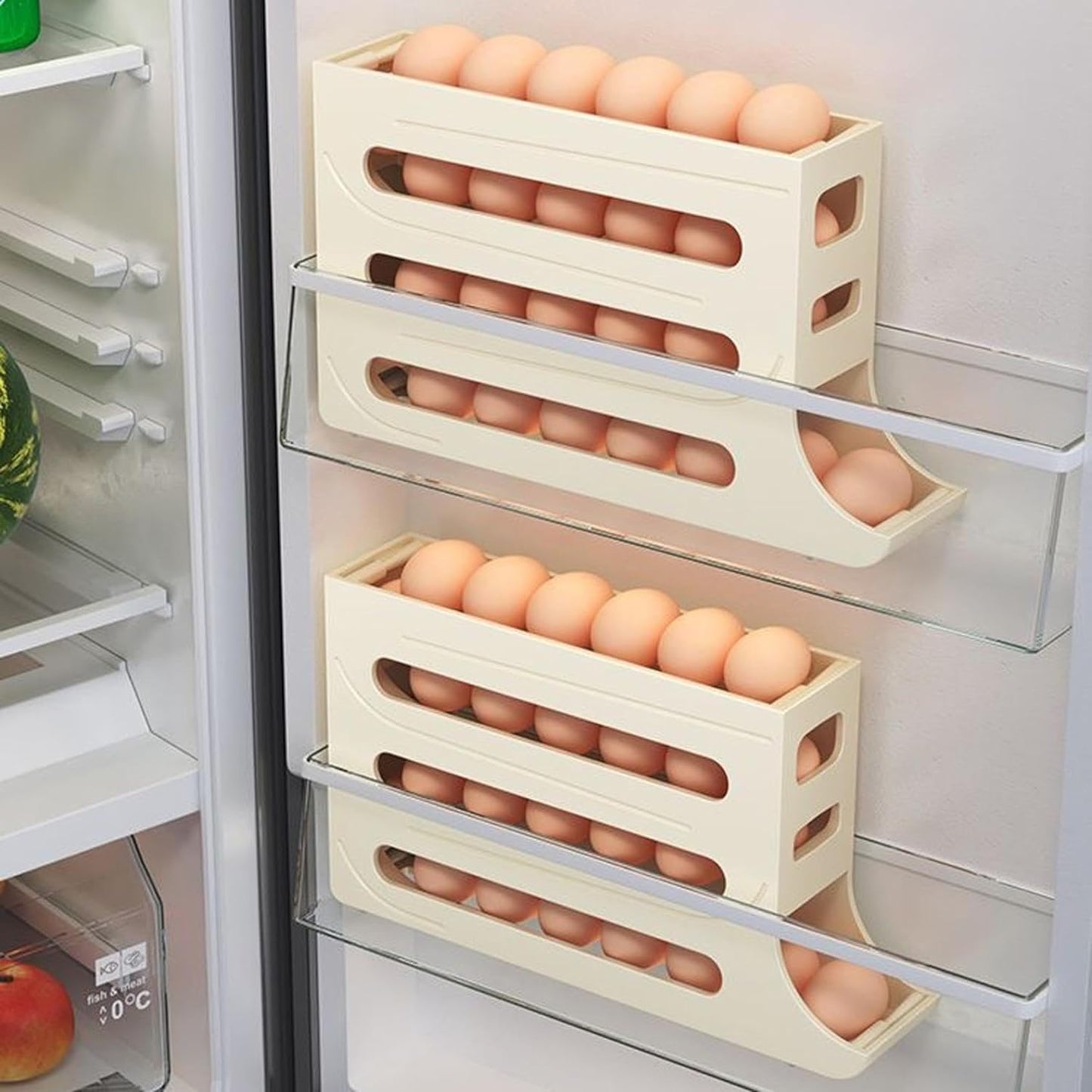 Automatic Rolling Refrigerator Egg Organiser, Space Saving 4 Tier Large Capacity Egg Holder