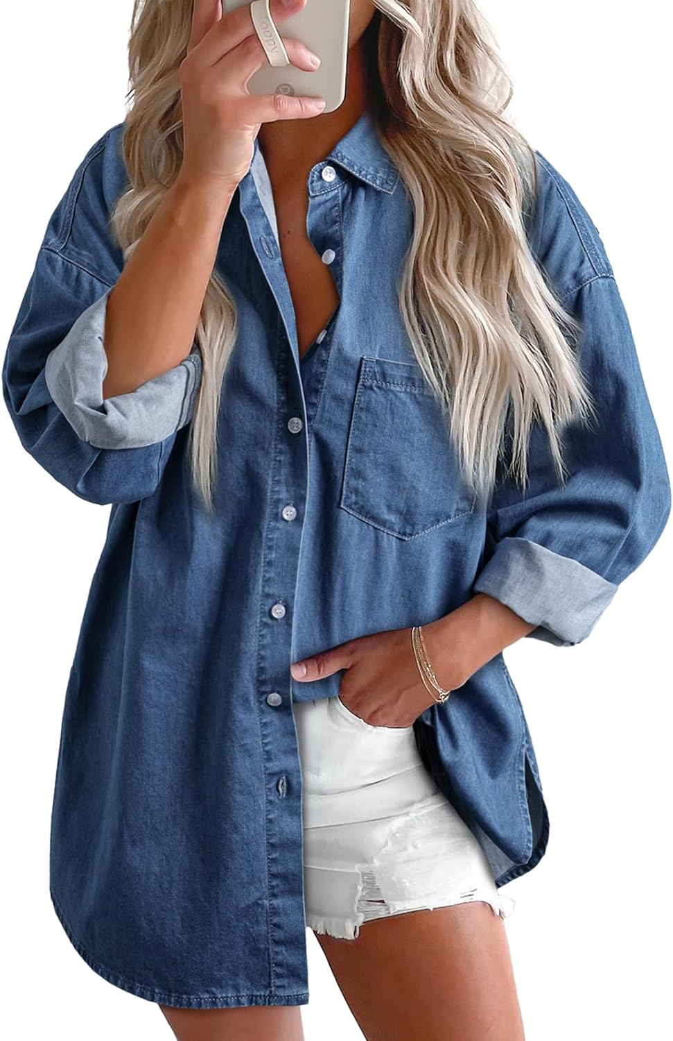 Astylish Women Denim Shirts Button Down Blouse Long Sleeve V Neck Casual Tops