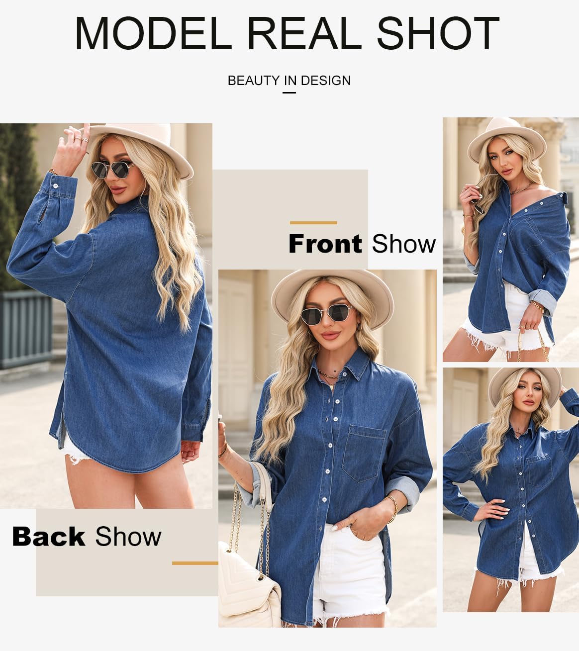 Astylish Chemise en jean boutonnée à manches longues et col en V pour femme 