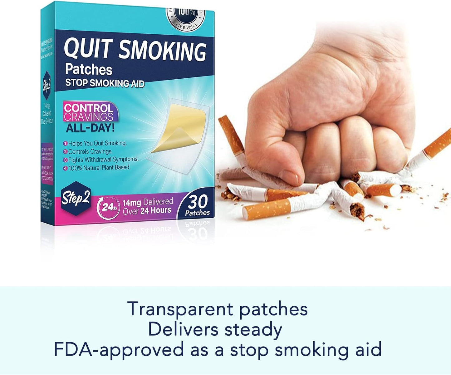 Delivered Over 24 Hours Transdermal System, 30 Count Quit Smoking Stickers That Work with 2 Weeks, Anti-Stickers