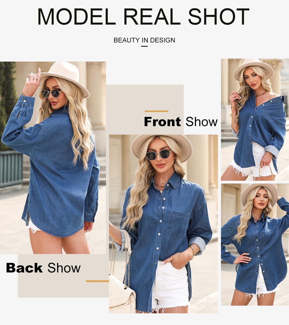 Astylish Chemise en jean boutonnée à manches longues et col en V pour femme 