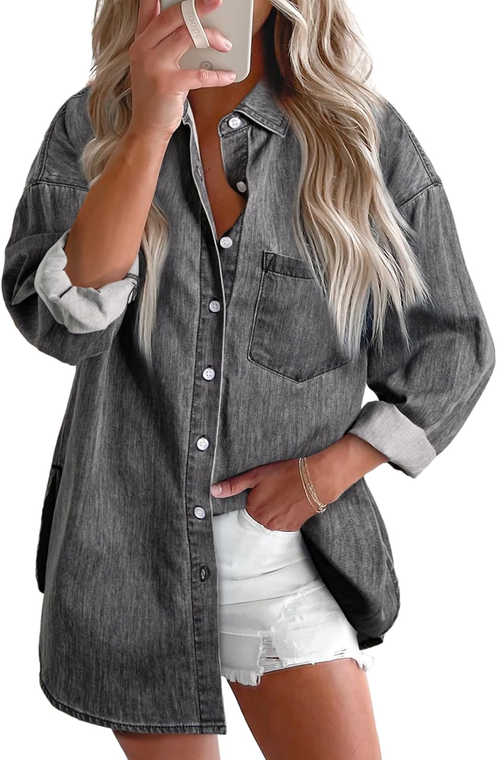 Astylish Chemise en jean boutonnée à manches longues et col en V pour femme 