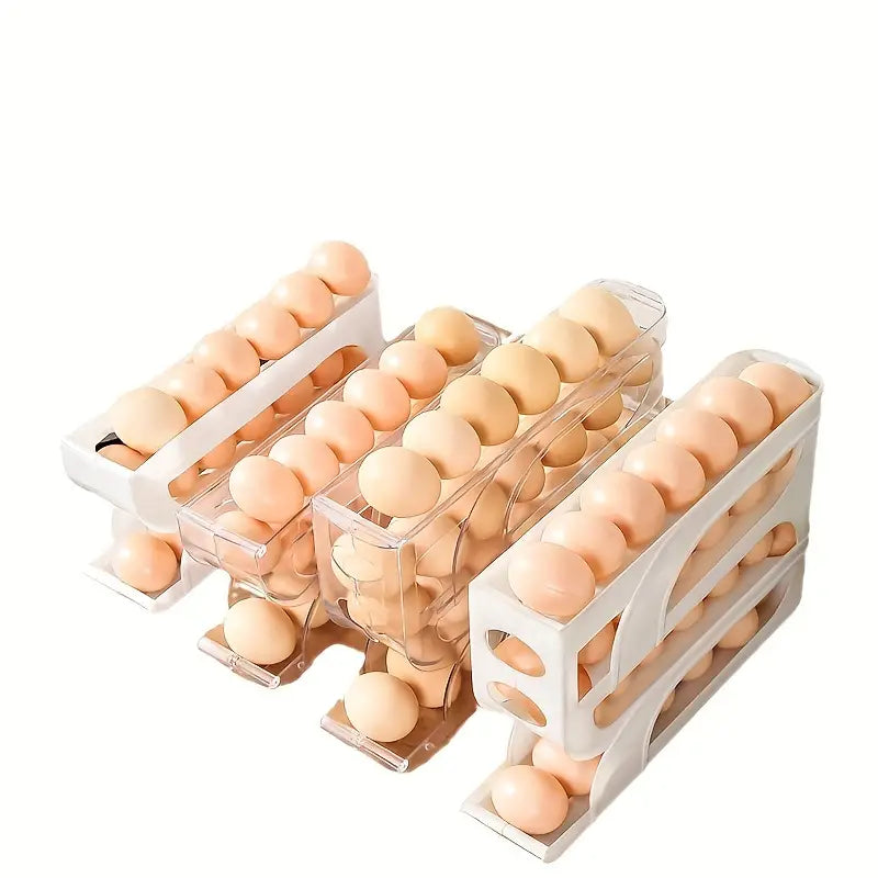 Automatic Rolling Refrigerator Egg Organiser, Space Saving 4 Tier Large Capacity Egg Holder