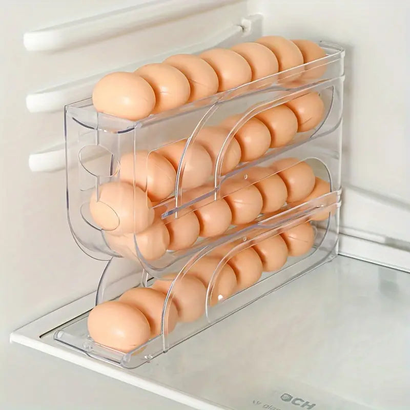 Automatic Rolling Refrigerator Egg Organiser, Space Saving 4 Tier Large Capacity Egg Holder