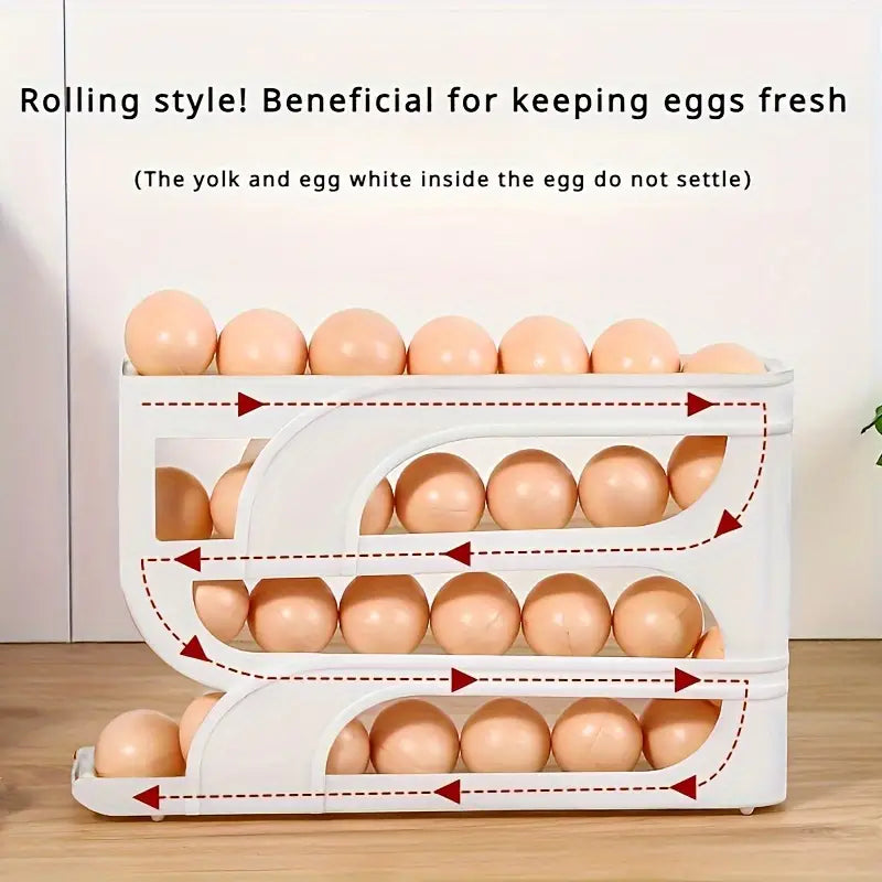 Automatic Rolling Refrigerator Egg Organiser, Space Saving 4 Tier Large Capacity Egg Holder