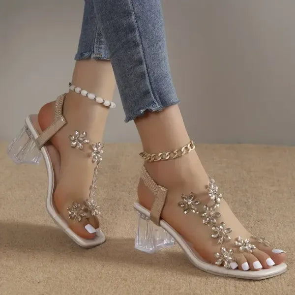 🔥Last Day 49% OFF - Women's Flower Rhinestone Block Heel Sandals