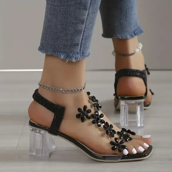 🔥Last Day 49% OFF - Women's Flower Rhinestone Block Heel Sandals