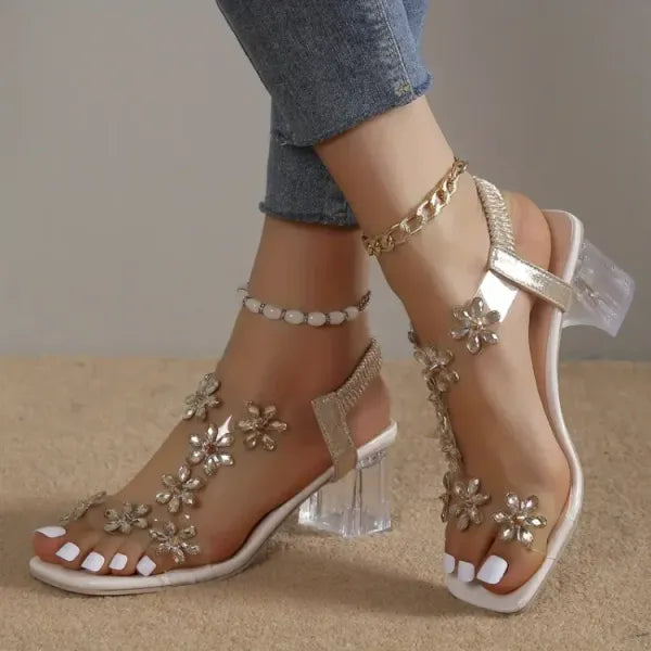 🔥Last Day 49% OFF - Women's Flower Rhinestone Block Heel Sandals