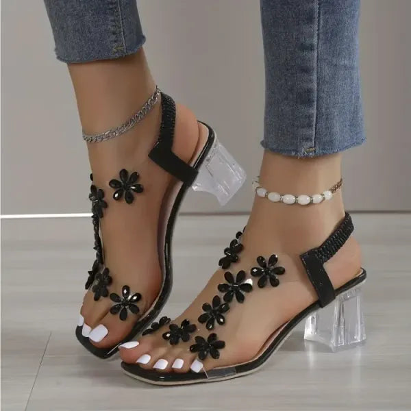 🔥Last Day 49% OFF - Women's Flower Rhinestone Block Heel Sandals